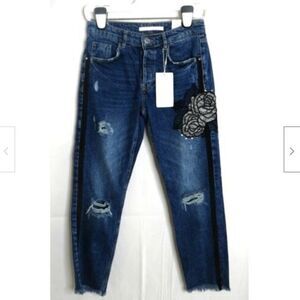 Zara TRF Denim Cigarette Distressed Cropped Jeans